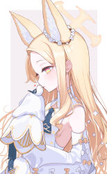Rule 34 | 1girl, aibon, animal, animal ears, bare shoulders, bird, blonde hair, blue archive, blush, cruciform halo, detached sleeves, dress, fox ears, halo, heart, highres, long hair, open mouth, revision, seia (blue archive), simple background, solo, upper body, white background, white bird, white dress, white sleeves, wide sleeves, yellow eyes, yellow halo