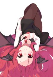 Rule 34 | 1girl, absurdres, bangs pinned back, bat wings, black skirt, black vest, blurry, blush, breasts, brown pantyhose, closed mouth, depth of field, face, hair spread out, hand on own chest, head wings, highres, iroha (pcrx7327), knees up, koakuma, long sleeves, looking at viewer, lying, necktie, on back, pantyhose, red eyes, red hair, red necktie, simple background, skirt, small breasts, smile, solo, touhou, upside-down, vest, white background, wings