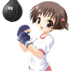 Rule 34 | 1girl, :d, boxing, boxing gloves, brown eyes, brown hair, child, fang, haga yui, highres, open mouth, punching bag, short hair, side ponytail, smile, solo