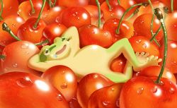 Rule 34 | animal, cherry, commentary, commentary request, creature, food, frog, fruit, hachiya shohei, highres, lying, no humans, on back, open mouth, original, personification, saliva, saliva trail, sleeping, smile, solo, water drop