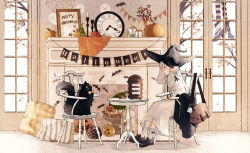 Rule 34 | 1girl, animal, bag, bat (animal), black cat, black eyes, black footwear, black headwear, bow, bowtie, branch, brick wall, brown bag, bunting, candle, candlestand, cat, chair, clock, colored sclera, dated, decorations, door, dress, english text, fireplace, fluffy, food, frilled socks, frills, fruit, ghost, glass bottle, glass door, halloween, hand on headwear, happy halloween, hat, hinata (echoloveloli), indoors, jack-o&#039;-lantern, jacket, unworn jacket, jar, lantern, leaf, loafers, long hair, looking at another, messenger bag, on chair, open mouth, original, picture frame, pillow, plaid, plant, pumpkin, red eyes, roman numeral, shoes, shoulder bag, silk, sitting, socks, spider web, squash, star (symbol), string, striped, table, tablecloth, teeth, vase, vertical stripes, wallpaper (object), whiskers, white dress, white hair, white socks, window, witch hat, yellow bow, yellow bowtie, yellow eyes, yellow sclera