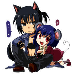 Rule 34 | 2girls, 428, alphard (canaan), animal ears, bandeau, black hair, blue hair, canaan (series), chibi, dress, fingerless gloves, gloves, heart, liang qi, midriff, mouse ears, mouse tail, multiple girls, navel, open mouth, ponytail, red eyes, rex k, short hair, smile, suspenders, tail