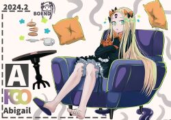 Rule 34 | 1girl, abigail williams (fate), b.d, black bow, blonde hair, bloomers, blue eyes, bow, character name, commentary, dress, fate/grand order, fate (series), food, forehead, hair bow, highres, holding, holding stuffed toy, keyhole, long hair, long sleeves, multiple hair bows, on chair, orange bow, pancake, parted bangs, pillow, simple background, single barefoot, sitting, sleeves past fingers, sleeves past wrists, slippers, solo, star (symbol), stuffed animal, stuffed toy, syrup, table, teddy bear, tentacles, third eye, underwear, very long hair, white bloomers