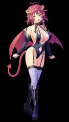 Rule 34 | 10s, 1girl, absurdres, bare shoulders, breasts, cleavage, covered erect nipples, demon girl, demon tail, demon wings, fang, gloves, highres, horns, kyonyuu fantasy, large breasts, navel, official art, open mouth, red hair, revealing clothes, shamsiel shahar, sideboob, solo, tail, thighhighs, wings