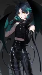 Rule 34 | 1boy, :p, arm tattoo, asymmetrical clothes, bare shoulders, black gloves, black pants, blood, blood on face, demon tail, demon wings, detached sleeves, diamond-shaped pupils, diamond (shape), eyeshadow, facial mark, forehead mark, genshin impact, gloves, green gloves, grey hair, highres, jewelry, looking at viewer, makeup, male focus, medium hair, multicolored hair, necklace, pants, red eyeshadow, single detached sleeve, symbol-shaped pupils, tail, tattoo, tongue, tongue out, wings, xiao (genshin impact), xiaoshenzhou, yellow eyes