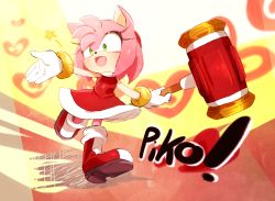 Rule 34 | 1girl, :d, amy rose, animal nose, boots, commentary, dress, eyelashes, furry, furry female, gloves, green eyes, hairband, hammer, hedgehog, hedgehog ears, hedgehog tail, holding, holding hammer, medium hair, open mouth, toy hammer, pink hair, red dress, red footwear, red hairband, smile, solo, sonic (series), star (symbol), unichrome-uni, white gloves