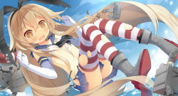 Rule 34 | 10s, 1girl, anchor, black panties, blonde hair, blush, elbow gloves, gloves, hair ornament, hairband, highleg, highleg panties, kantai collection, lifebuoy, long hair, navel, open mouth, panties, personification, rensouhou-chan, saru, shimakaze (kancolle), skirt, solo, striped clothes, striped thighhighs, swim ring, tears, thighhighs, torn clothes, torn thighhighs, underwear, white gloves, yellow eyes