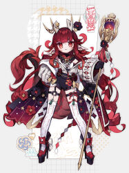 Rule 34 | 1girl, artist logo, black flower, black gloves, chinese zodiac, dragon tail, earrings, flower, flower ornament, gloves, high heels, highres, holding, holding staff, horns, idola, jewelry, long hair, looking at viewer, multiple earrings, nontraditional miko, original, pointy ears, red eyes, red flower, red tail, ribbon, scales, solo, staff, stud earrings, tail, thigh strap, thighhighs, white ribbon, white thighhighs, year of the dragon