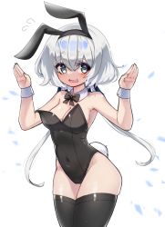 Rule 34 | 1girl, animal ears, bare shoulders, black leotard, black thighhighs, breasts, cleavage, covered navel, cowboy shot, detached collar, dot nose, fake animal ears, fake tail, flying sweatdrops, grey hair, hair between eyes, hands up, highleg, highleg leotard, highres, konno junko, korean commentary, leotard, low twintails, o2h2 oh4, open mouth, petals, playboy bunny, rabbit pose, rabbit tail, shadow, simple background, small breasts, solo, strapless, strapless leotard, tail, teeth, thighhighs, twintails, upper teeth only, white background, wrist cuffs, zombie land saga