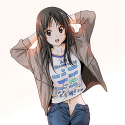 Rule 34 | 1girl, akiyama mio, black eyes, black hair, casual, collarbone, cowboy shot, denim, dresstrip, female focus, jacket, jeans, k-on!, long hair, looking at viewer, midriff, navel, open clothes, open fly, open jacket, open mouth, pants, simple background, solo, unbuttoned, unzipped, white background