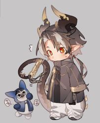 Rule 34 | 1boy, arknights, black gloves, black hair, blush, chibi, chong yue (arknights), closed mouth, doctor (arknights), dragon boy, dragon horns, dragon tail, full body, gloves, grey background, grey hair, grey jacket, highres, horns, jacket, long sleeves, male focus, multicolored hair, pants, parted bangs, pointy ears, red eyes, rocco, shoes, simple background, sleeves past wrists, standing, streaked hair, sweat, tail, white footwear, white pants