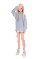 Rule 34 | 1girl, blonde hair, blue sweater, child, closed mouth, fashion, full body, grey eyes, grey footwear, grey shorts, grey socks, highres, long hair, long sleeves, luimiart, original, pinup (style), shoes, short shorts, shorts, simple background, socks, solo, sweater, white background