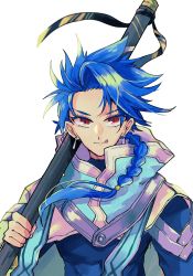 Rule 34 | 1boy, blue hair, braid, braided ponytail, child, close-up, closed mouth, cu chulainn (fate), earrings, fate/grand order, fate/grand order arcade, fate (series), haji (fhj1896), highres, holding, holding staff, jewelry, long hair, male focus, red eyes, setanta (fate), simple background, slit pupils, solo, spiked hair, staff, tongue, tongue out, type-moon, white background