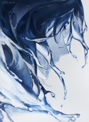Rule 34 | 1boy, artist name, blue theme, closed mouth, genshin impact, hair between eyes, highres, kaveh (genshin impact), liquid hair, male focus, monochrome, portrait, profile, simple background, solo, water, yuelight