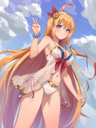 Rule 34 | 1girl, absurdres, ahoge, bikini, blue eyes, bow, breasts, cjw01, commentary, hair between eyes, hairband, highres, large breasts, long hair, looking at viewer, navel, orange hair, pecorine (princess connect!), pecorine (summer) (princess connect!), princess connect!, red bow, red ribbon, ribbon, smile, solo, swimsuit, v, very long hair, white bikini, white hairband