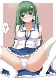 Rule 34 | 1girl, ?, absurdres, blue eyes, blue skirt, blush, border, bra, breasts, brown background, cleavage, collarbone, commentary request, detached sleeves, female focus, frog hair ornament, green hair, hair ornament, hair tubes, head tilt, highres, kochiya sanae, large breasts, looking at viewer, no shoes, outside border, panties, pantyshot, petticoat, shirt, simple background, sitting, skirt, smile, snake hair ornament, solo, spoken question mark, spread legs, techi (techi35499), thighhighs, thighs, touhou, underwear, white border, white bra, white panties, white shirt, white thighhighs