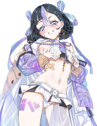 Rule 34 | 1girl, armpits, bandaid, black hair, blue eyes, blush, breasts, coat, covered erect nipples, crop top, crossed bandaids, earrings, erect clitoris, goddess of victory: nikke, grabbing own breast, grin, hair ribbon, highres, jewelry, leg tattoo, long sleeves, looking at viewer, mole, mole under eye, multicolored eyes, multicolored hair, navel, niko (tama), open clothes, open coat, panties, purple eyes, purple hair, ribbon, short hair, simple background, skirt, small breasts, smile, solo, streaked hair, syuen (nikke), tattoo, underwear, white background, white panties