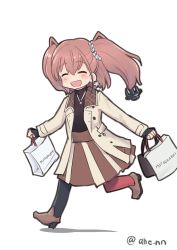 Rule 34 | 1girl, ^ ^, ahenn, alternate costume, atlanta (kancolle), bag, brown hair, casual, closed eyes, earrings, full body, hair between eyes, holding, holding bag, jewelry, kantai collection, long hair, long sleeves, mitsukoshi (department store), necklace, open mouth, pantyhose, shadow, shopping bag, simple background, smile, solo, star (symbol), star earrings, twitter username, two side up, white background