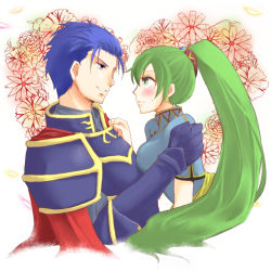 Rule 34 | 1boy, 1girl, arm grab, armor, blue eyes, blue hair, blush, breast press, cape, chinese clothes, couple, earrings, eye contact, face-to-face, fire emblem, fire emblem: the blazing blade, floral background, green eyes, green hair, grin, heart, hector (fire emblem), hetero, hug, jewelry, long hair, looking at another, lyn (fire emblem), naughty face, nintendo, parted lips, ponytail, short hair, short sleeves, shy, smile, sweatdrop, upper body, zumu