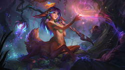Rule 34 | 1girl, breasts, centaur, forest, frog, highres, league of legends, lillia (league of legends), lips, nature, official art, pointy ears, purple hair, reindeer girl, staff, tail, taur