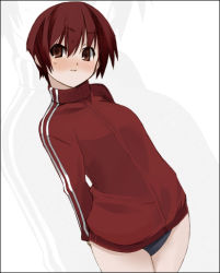 Rule 34 | 1girl, aka ume, blush, jacket, jersey, no pants, one-piece swimsuit, original, red eyes, red hair, school swimsuit, short hair, solo, swimsuit, swimsuit under clothes, track jacket