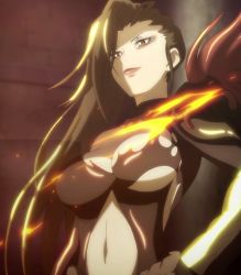 Rule 34 | 10s, 1girl, asymmetrical underboob, black hair, blade &amp; soul, breasts, cleavage, highres, large breasts, long hair, ran yu (blade and soul), red eyes, screencap, smile, solo, standing, stitched, third-party edit, underboob