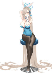 Rule 34 | 1girl, absurdly long hair, absurdres, animal ears, aqua leotard, asuna (blue archive), asuna (bunny) (blue archive), asymmetrical bangs, bar stool, black pantyhose, blue archive, blue bow, blue bowtie, blue eyes, blue leotard, bocchi (kuropom7), bow, bowtie, breasts, detached collar, fake animal ears, full body, gloves, hair over one eye, hairband, halo, highleg, highleg leotard, highres, large breasts, leotard, light brown hair, long hair, looking at viewer, mole, mole on breast, official alternate costume, pantyhose, playboy bunny, rabbit ears, simple background, sitting, smile, solo, stool, strapless, strapless leotard, thighband pantyhose, traditional bowtie, v, very long hair, white background, white gloves, white hairband