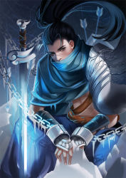 Rule 34 | 1boy, armor, arrow (projectile), black eyes, black hair, chain, chained, chain, cuffs, gauntlets, high ponytail, ice, jeny wang, katana, league of legends, looking at viewer, male focus, ponytail, scar, scar on face, scar on nose, shackles, shoulder armor, solo, pauldrons, sword, weapon, yasuo (league of legends)