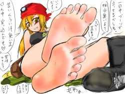 Rule 34 | 10s, 1girl, artist request, bandana, barefoot, blonde hair, blush, boots, danball senki, feet, female focus, foot focus, grin, kitajima saki, long hair, looking at viewer, pov, shoes, unworn shoes, smile, soles, solo, source request, steam, tagme, toes, yellow eyes
