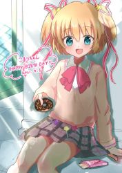 Rule 34 | 1girl, aiyama, beige sweater, blonde hair, blue eyes, bow, chain-link fence, character name, commentary request, cowboy shot, dated, doughnut, fence, food, grey skirt, hair ribbon, happy birthday, kamikita komari, little busters!, pink bow, plaid, plaid skirt, pleated skirt, ribbon, school uniform, short hair, sitting, skirt, smile, solo, twintails