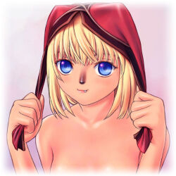 Rule 34 | 1girl, :3, adventurer (ff11), animal nose, archived source, blonde hair, blue eyes, blue pupils, closed mouth, collarbone, crossed bangs, fang, fang out, final fantasy, final fantasy xi, hat, headwear pull, jester cap, lips, looking at viewer, mithra (ff11), nude, pink lips, pulling own clothes, red hat, ringed eyes, short hair, smile, solo, taisai soft, upper body