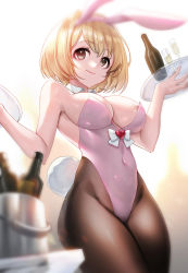 Rule 34 | 1girl, animal ears, blonde hair, blurry, bottle, breasts, brown eyes, covered navel, cowboy shot, cup, depth of field, detached collar, djeeta (granblue fantasy), drinking glass, fake animal ears, fishnet pantyhose, fishnets, granblue fantasy, highleg, highleg leotard, highres, leotard, medium breasts, paid reward available, pantyhose, picter, pink leotard, playboy bunny, rabbit ears, rabbit tail, short hair, solo, strapless, strapless leotard, tail, white background, wine glass