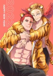 Rule 34 | 2022, 2boys, abs, alternate hairstyle, animal ears, animal print, anus, arms around neck, beard, blue eyes, boku no hero academia, chinese zodiac, endeavor (boku no hero academia), facial hair, feathered wings, feet out of frame, hawks (boku no hero academia), hug, jacket, male focus, mature male, multiple boys, muscular, muscular male, open clothes, open jacket, pectoral cleavage, pectorals, print jacket, red hair, red wings, scar, scar across eye, scar on face, short hair, sideburns, spiked hair, spread anus, spread legs, stomach, stubble, tail, tiger boy, tiger ears, tiger print, tiger tail, wings, yaoi, year of the tiger, yzryu