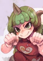 Rule 34 | 1girl, alternate hair color, bare arms, breasts, buttons, cloud print, collared shirt, cowboy shot, curly hair, eyelashes, facing viewer, fangs, fangs out, fingernails, from above, green eyes, green hair, heart, horns, kariyushi shirt, komano aunn, long hair, looking at viewer, paw pose, red shirt, sakurai energy, shirt, shoes, short sleeves, single horn, small breasts, smile, solo, standing, touhou, tsurime, white footwear