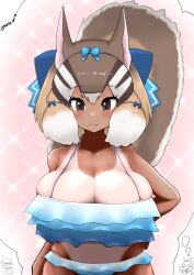 Rule 34 | 1girl, absurdres, animal costume, animal ear fluff, animal ears, bikini, blue bikini, breasts, brown eyes, brown hair, chipmunk costume, chipmunk ears, chipmunk girl, chipmunk tail, cleavage, closed mouth, extra ears, highres, huge breasts, kemono friends, kemono friends v project, looking at viewer, multicolored hair, ribbon, short hair, siberian chipmunk (kemono friends), simple background, smile, solo, swimsuit, tail, tan, tanio (tanio 0114), tanline, virtual youtuber, white hair