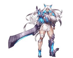 Rule 34 | 1girl, animal ears, bandages, black eyes, boots, breasts, cat ears, cat tail, closed mouth, expressionless, feet, female focus, floating hair, full body, game cg, holding, holding sword, holding weapon, huge breasts, large weapon, legs, legs apart, loincloth, long hair, looking at viewer, melon22, original, skirt, solo, standing, swept bangs, sword, tail, thighs, transparent background, weapon, white hair