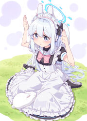 Rule 34 | 1girl, :o, alternate costume, animal, apron, arms up, black bow, black dress, black footwear, blue archive, bow, commentary request, dress, enmaided, frilled apron, frilled dress, frills, grey hair, hair between eyes, hair bow, halo, harada (sansei rain), headgear, headset, highres, long hair, looking at viewer, maid, maid apron, maid headdress, miyako (blue archive), on grass, parted lips, puffy short sleeves, puffy sleeves, purple eyes, rabbit, rabbit pose, sailor collar, shoes, short sleeves, solo, very long hair, white apron, white sailor collar