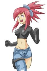Rule 34 | 1girl, artist request, blush, breasts, creatures (company), flannery (pokemon), fusion, game freak, gloves, highres, navel, nintendo, pokemon, ponytail, purple eyes, red hair, skyla (pokemon), wide hips