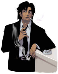 Rule 34 | 1boy, ashtray, cigarette, formal, male focus, maruta kentarou, necktie, smoking, solo, suit, white background