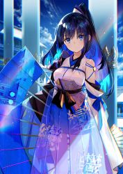 Rule 34 | 1girl, architecture, armpit crease, blue eyes, blue hair, blue theme, breasts, closed mouth, cloud, colored inner hair, detached sleeves, dusk, east asian architecture, folding fan, fuzichoco, hakama, hakama short skirt, hakama skirt, hand fan, highres, japanese clothes, kimono, long hair, long sleeves, looking at viewer, medium breasts, multicolored hair, original, shade, skirt, sky, solo, standing, sunlight, wide sleeves