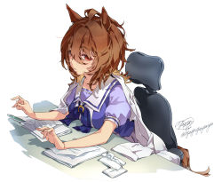 Rule 34 | 1girl, absurdres, agnes tachyon (umamusume), ahoge, animal ears, blouse, breasts, brown hair, chair, coat, coat on shoulders, highres, horse ears, horse girl, horse tail, lab coat, looking at viewer, mechanical pencil, medium breasts, medium hair, office chair, paper, parted lips, pencil, puffy short sleeves, puffy sleeves, purple shirt, red eyes, sailor collar, school uniform, shirt, short sleeves, signature, sitting, solo, swivel chair, tail, tracen school uniform, twitter username, umamusume, yanyo (ogino atsuki)