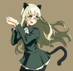 Rule 34 | 1girl, :d, animal ears, ascot, bad id, bad pixiv id, black pantyhose, blonde hair, brown background, cat ears, cat tail, long hair, long sleeves, military, military uniform, oekaki, open mouth, own hands clasped, own hands together, pantyhose, perrine h. clostermann, shiratama (hockey), simple background, smile, solo, strike witches, tail, uniform, world witches series, yellow eyes