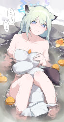 Rule 34 | 1girl, animal ears, blue archive, blue halo, blush, breasts, closed mouth, collarbone, food, fruit, green hair, halo, highres, looking at viewer, makkurourufu, mandarin orange, medium breasts, naked towel, official alternate costume, onsen, partially submerged, purple eyes, rock, shigure (blue archive), shigure (hot spring) (blue archive), short hair, solo, speech bubble, towel, translation request, water, weasel ears, white towel