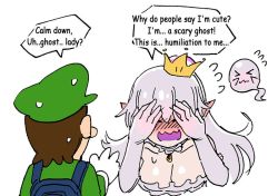 Rule 34 | 1boy, 1girl, boo (mario), breasts, commentary, earrings, english commentary, english text, ghost, jewelry, large breasts, long hair, luigi, luigi&#039;s mansion, mario (series), necklace, nintendo, princess king boo, shy, simple background, super crown, white background, white hair, wootsang