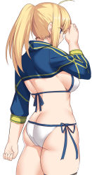 Rule 34 | 1girl, ahoge, artoria pendragon (fate), ass, bikini, blonde hair, blue eyes, breasts, butt crack, clenched hand, cowboy shot, fate/grand order, fate (series), from behind, hand to forehead, long hair, looking away, medium breasts, mysterious heroine x (fate), mysterious heroine xx (fate), ponytail, serious, shiseki hirame, shrug (clothing), side-tie bikini bottom, simple background, solo, swimsuit, thighs, white background, white bikini