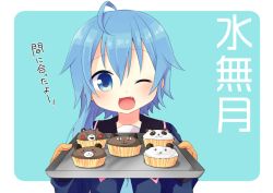 Rule 34 | 10s, 1girl, :d, ahoge, blue background, blue eyes, blue hair, blush, character name, cupcake, fang, food, kantai collection, looking at viewer, minazuki (kancolle), nagasioo, one eye closed, open mouth, plate, short hair, short hair with long locks, smile, solo, translation request, upper body, valentine