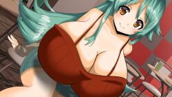 Rule 34 | 1girl, blue hair, blush, breasts, breasts on lap, cleavage, female focus, gigantic breasts, highres, kyo (time tenshi), long hair, looking at viewer, rokasta, solo, third-party edit, time tenshi, yellow eyes