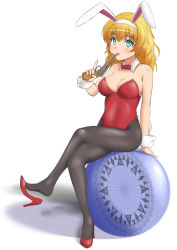 Rule 34 | 1girl, :p, animal ears, bare shoulders, blonde hair, blue eyes, blush, bow, bowtie, breasts, cleavage, detached collar, egg, fake animal ears, ginjyasei, gun, crossed legs, long hair, looking at viewer, miniskirt pirates, open mouth, pantyhose, playboy bunny, rabbit ears, rabbit tail, sasha staple, shoe dangle, sitting, solo, tail, tongue, tongue out, weapon, wrist cuffs