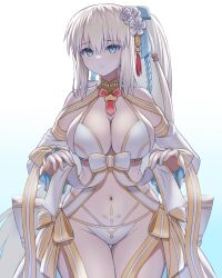 Rule 34 | 1girl, asamura hiori, bare shoulders, bikini, blue eyes, blue hair, braid, breasts, cleavage, detached sleeves, fate/grand order, fate (series), flower, gold trim, hair flower, hair ornament, hair ribbon, highres, large breasts, long hair, looking at viewer, morgan le fay (fate), morgan le fay (water princess) (fate), multicolored hair, ponytail, ribbon, sidelocks, solo, swimsuit, thighs, twin braids, two-tone hair, very long hair, white bikini, white hair