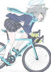 Rule 34 | 1girl, animal ear fluff, animal ears, bicycle, blue archive, blue eyes, blue jacket, blue scarf, blush, commentary, gloves, green gloves, grey hair, grey skirt, highres, jacket, masabodo, motion lines, plaid, plaid skirt, riding, riding bicycle, scarf, shiroko (blue archive), shirt, short hair, simple background, skirt, smile, solo, symbol-only commentary, white background, white shirt, wolf ears